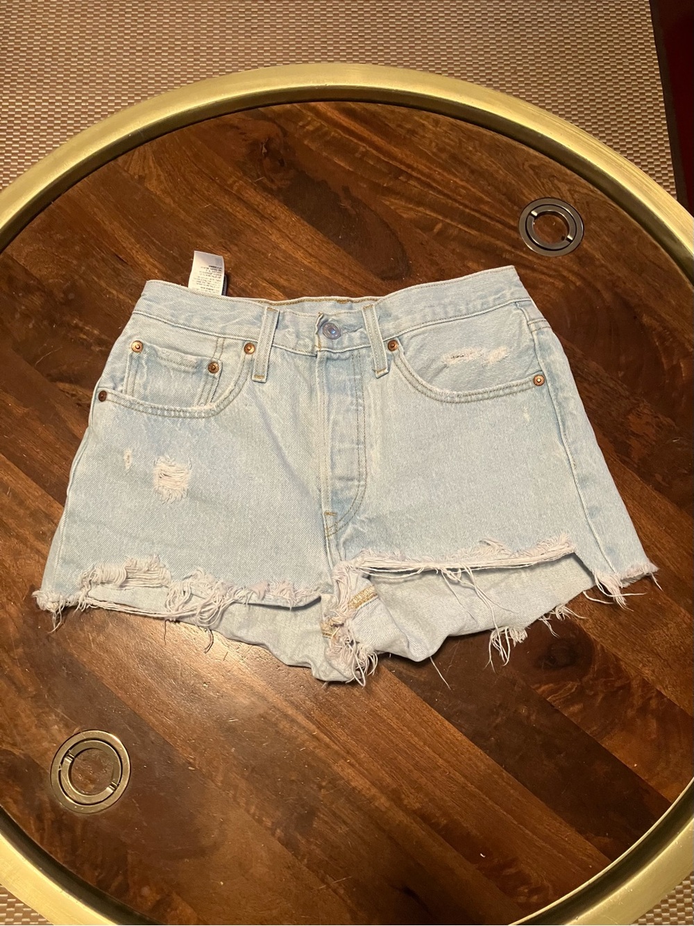 Levis Premium 501 High Rise Blue Distressed Denim Shorts Light Wash Size W26